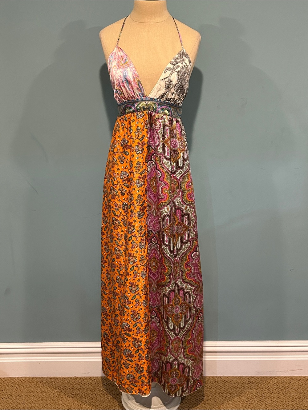 Alice & Trixie Silk Y2K Patchwork Open Back Halter Dress XS Multicolor